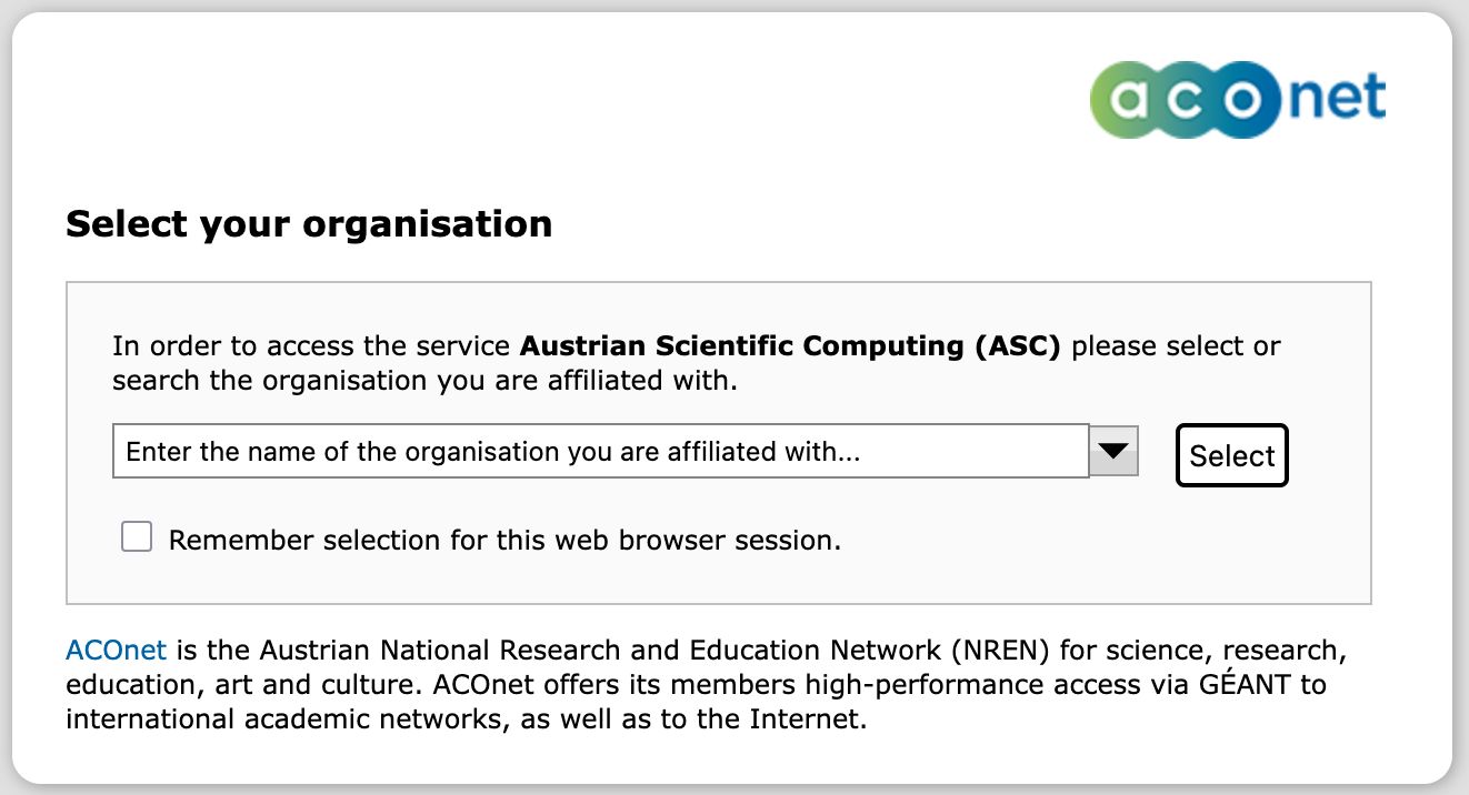 ACOnet organization selection